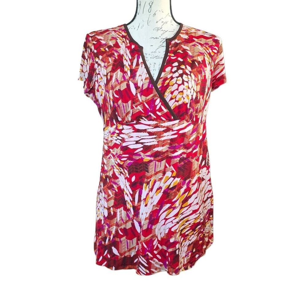 Duo Maternity Women's Size Large Red Brown Pattern V-Neck Maternity Blouse